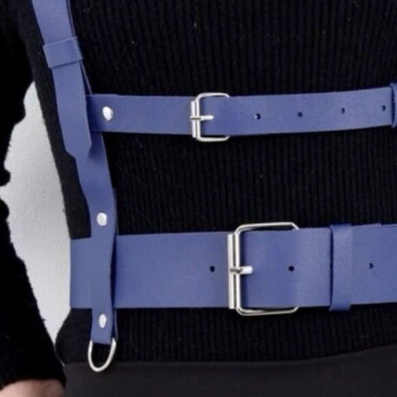 Blue PU Leather Suspender Belt W/ Hole Punch - Picture 4 of 6